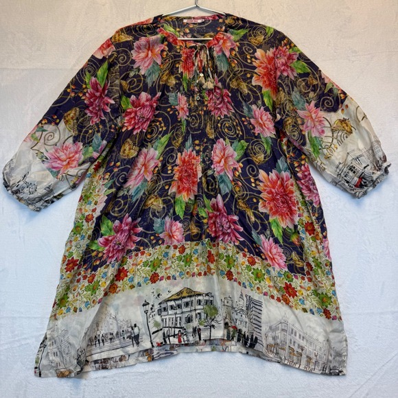 Johnny Was Tops - Johnny Was Silk Butterfly Cityscape Tunic Blouse XL Boho Embroidered Split Neck